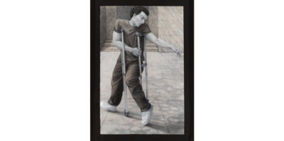 A photograph of a black and white drawing. In the drawing there is a middle-aged person standing while using a pair of medical crutches. Their arm is extend to the left and they are looking to their left side.
