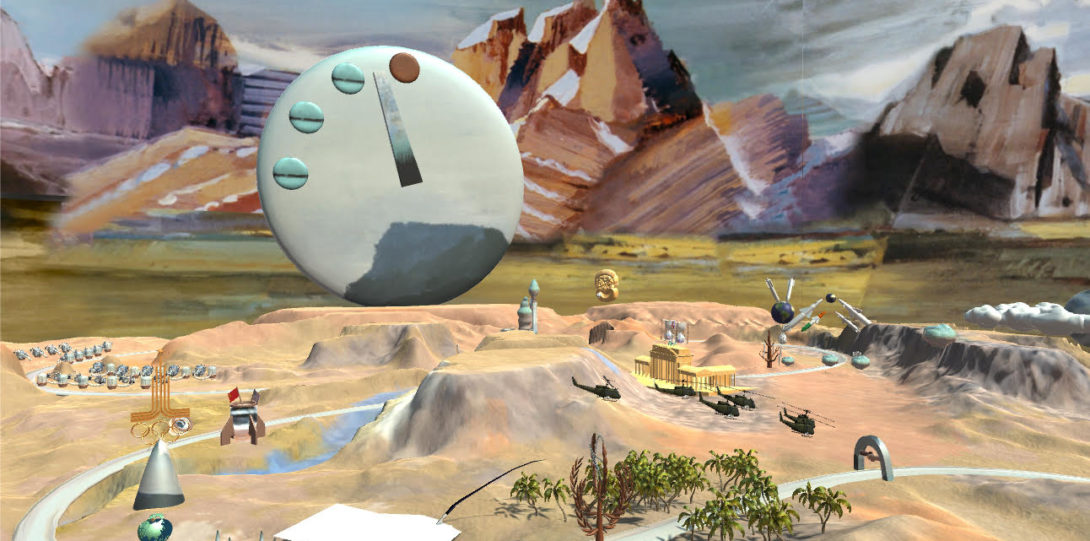 A photograph of a virtual reality installation scene. The background is designed in a brush-like texture of three brown and orange triangle-shaped mountains, the center one being the brightest and most vivid. A large, grey circular object is in front of the mountain landscape, with markings of a clock. In front of the large object stands before a desert trenches and hills landscape, with multiple smaller objects situated throughout.