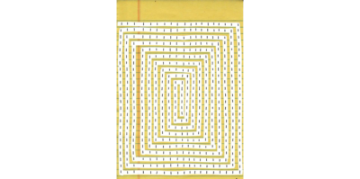 A photograph of a drawing on yellow writing paper. The drawing is a white, optical illusion that swirls from the ends of the paper, to the center in a rectangular formation. In the white space of the lines are black dots, each about a centimeter apart from another.