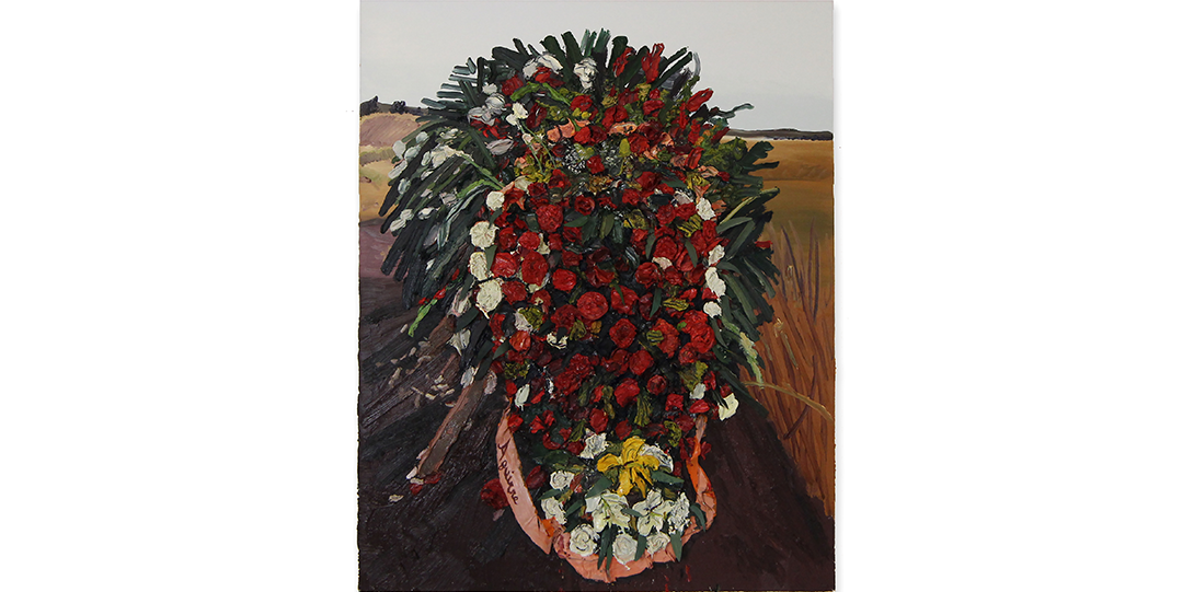 A painting of a large floral arrangement composed of red, white, and yellow flowers, such as roses, on top of a burial mound, expanding over almost the entire canvas. Behind the floral arrangement, called a Corona, is a flat, wheat landscape. Red flowers primarily occupy the presentation of the floral arrangement. White flowers and green leaves are surrounding the red flowers. The heavy texture of the floral arrangement is protruded from the surface of the canvas, creating a three-dimensional effect.