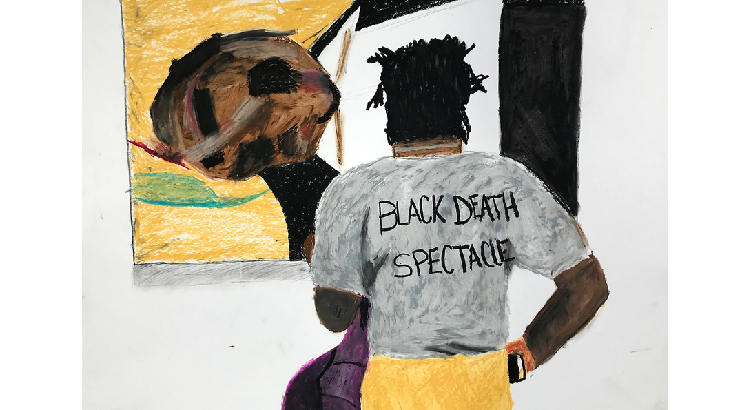 A drawing of a middle-aged person standing in front of a painting on the wall. The back of the person’s shirt has the text, “Black Death Spectacle”.