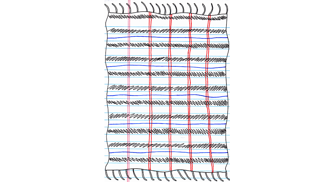 A drawing of a textile with multiple square designs. The string ends of the drawing of the textile vertically reach the top and bottom of the picture plane.