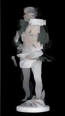 Black background with assorted shapes that roughly form the image of a standing human. We see the person sketchily, assembled of grey, peach, green, and glassy transparent shapes, seemingly disconnected.