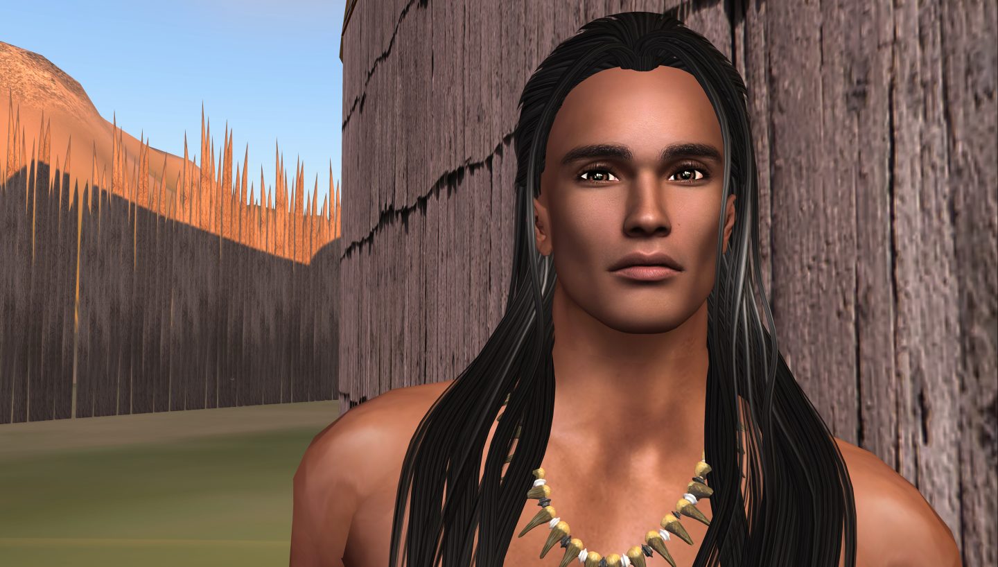 A digital image of a young Native man with long hair in a digital outdoor landscape.