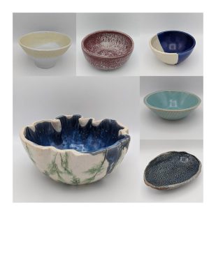 The image features six ceramic bowls with a range of colors and patterns.